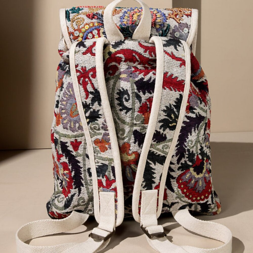 Handmade Boho Chic Backpack - Charming Jacquard Flower Pattern - Fine Cotton - Picture 10 of 11